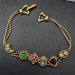 Goldette Slide Charm Bracelet Gold Tone Multicolor Vintage Jewelry